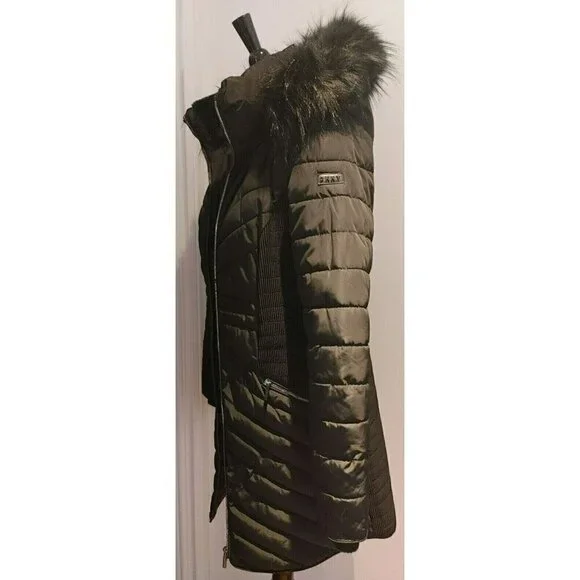 DKNY Black Quilted Puffer Coat Removable Faux Fur Hood Size Small - Picture 4 of 8